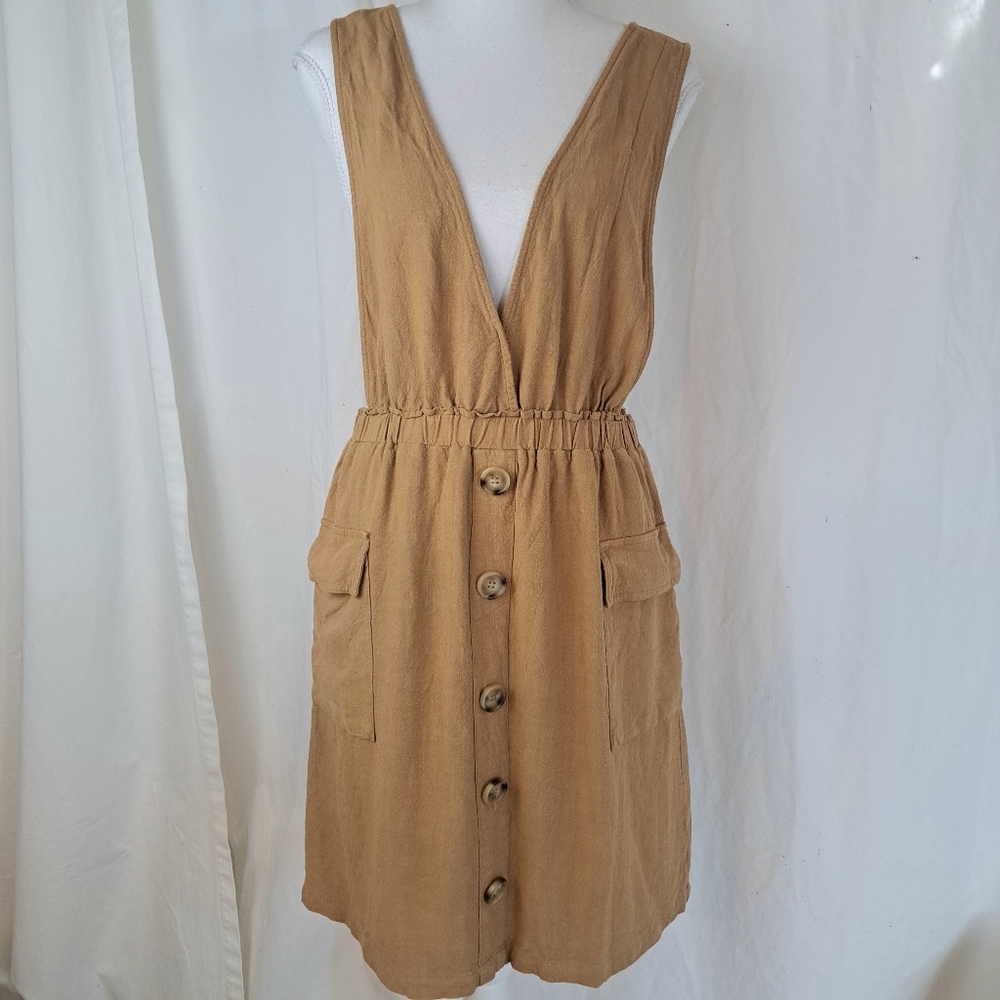 Roolee Cathan Linen Cotton Button Jumper Dress Tan SzM